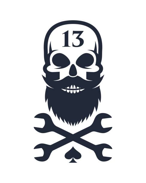 Bearded Skull and crossed wrenches.  skull logo stock illustrations