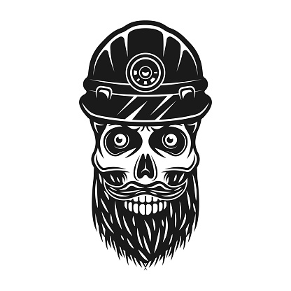 Bearded skull of dead miner in protective helmet vector illustration in vintage style isolated on white background