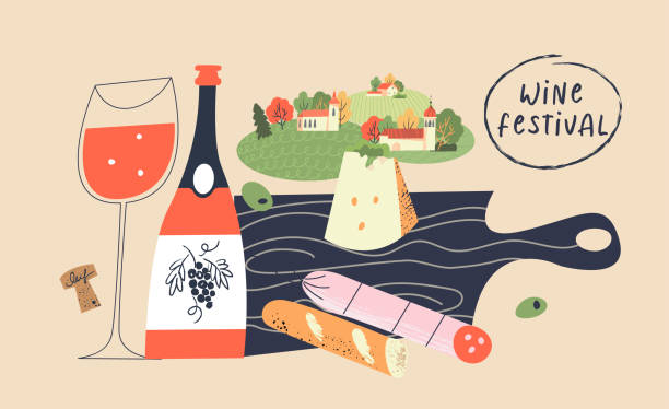 illustrations, cliparts, dessins animés et icônes de beaujolais nouveau. festival des vins neufs en france. vin et nourriture. illustration vectorielle. - bordeaux
