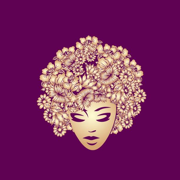 Beautiful Afro American woman with elegant makeup, wearing a flower wig Style and beauty vector logo afro hairstyle stock illustrations
