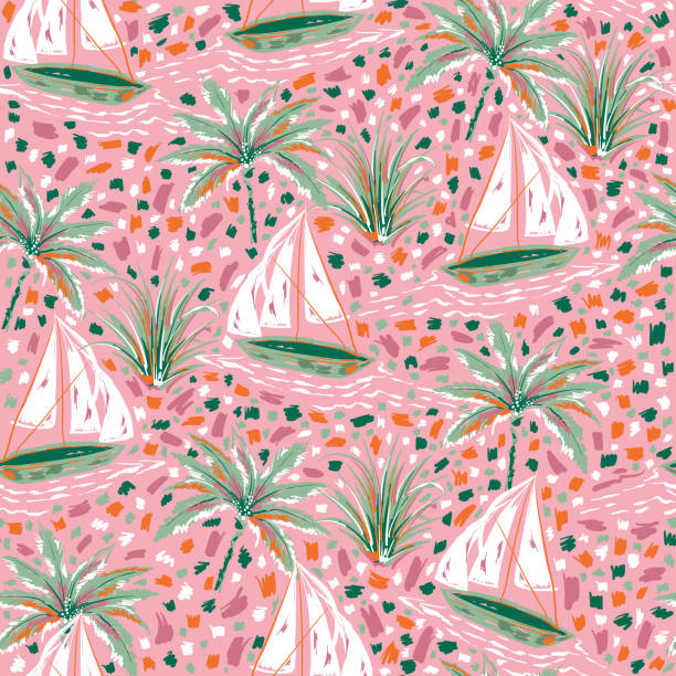 Beautiful and cute hand paint brush strokes sailboats and palm tree seamless pattern illustration vector EPS10,Design for fashion , fabric, textile, wallpaper, cover, web , wrapping and all prints Beautiful and cute hand paint brush strokes sailboats and palm tree seamless pattern illustration vector EPS10,Design for fashion , fabric, textile, wallpaper, cover, web , wrapping and all prints on pink sword beach stock illustrations