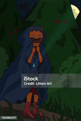 istock Beautiful and mystical illustration for a children's book. Mysterious cat witch walks in the woods with a magic amulet around his neck. The magical forest, full moon. Halloween poster, card, banner 1363863377