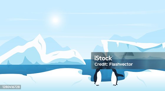 istock Beautiful Arctic or Antarctic landscape with icebergs and penguins. Cold climate northern icy winter scenic background. 1280416728