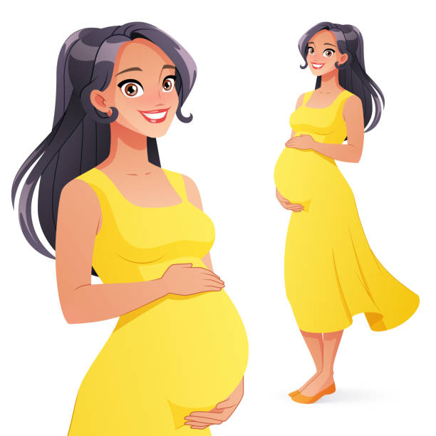 Beautiful Asian smiling pregnant woman. Full length isolated vector illustration. Beautiful Asian smiling pregnant woman. Full length cartoon style vector illustration isolated on white background. pregnant clipart stock illustrations