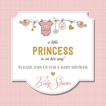 Beautiful baby shower card template with golden glittering details