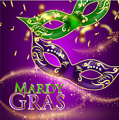 Beautiful background with Mardy Gras glitter inscription carnival or theatrical curtains, gold confetti and stage light. Vector illustration, concept design for poster, greeting card, party invitation, banner or flyer.