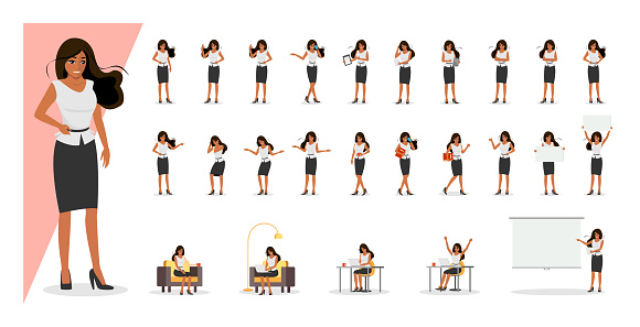Beautiful black colored african american business woman in skirt and blouse showing gestures and emotions in different poses. Office young female businesswoman character vector collection