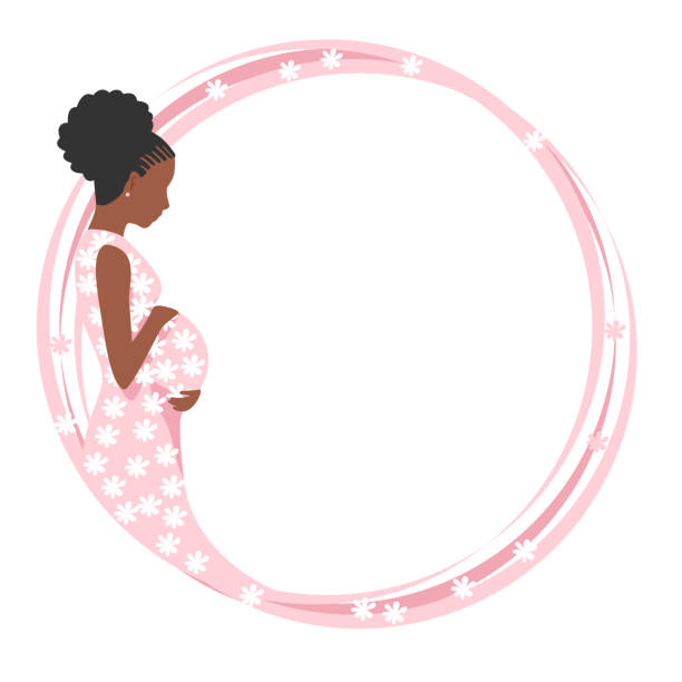 Beautiful black pregnant woman in a pink dress Beautiful black pregnant woman in a pink dress with white flowers. Round frame with a pregnant woman put her hands on her belly. The happiness of motherhood. Vector illustration. pregnant borders stock illustrations