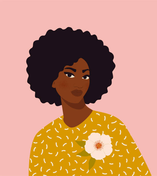 美しい黒人女性。若いアフリカ系アメリカ人。美しい顔と髪を持つ若い女性の肖像画。サイドビュー。ベージュの背景に隔離 - ポートレート点のイラスト素材／クリップアート素材／マンガ素材／アイコン素材