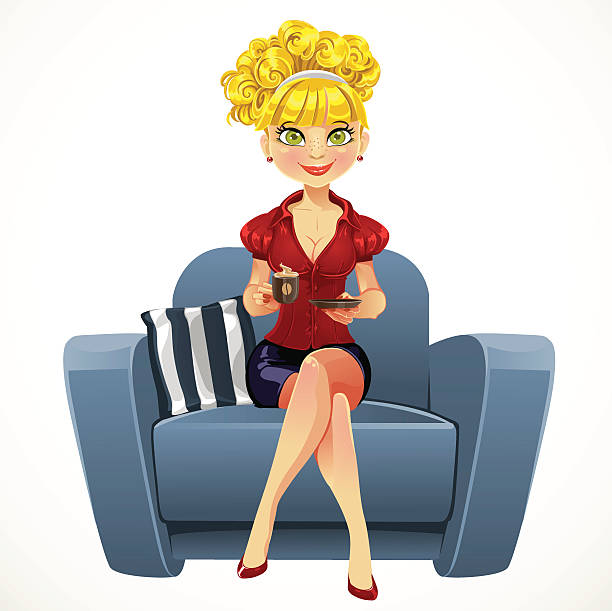 ilustraciones, imágenes clip art, dibujos animados e iconos de stock de hermosa chica rubia en sillón azul con taza de café - curley cup