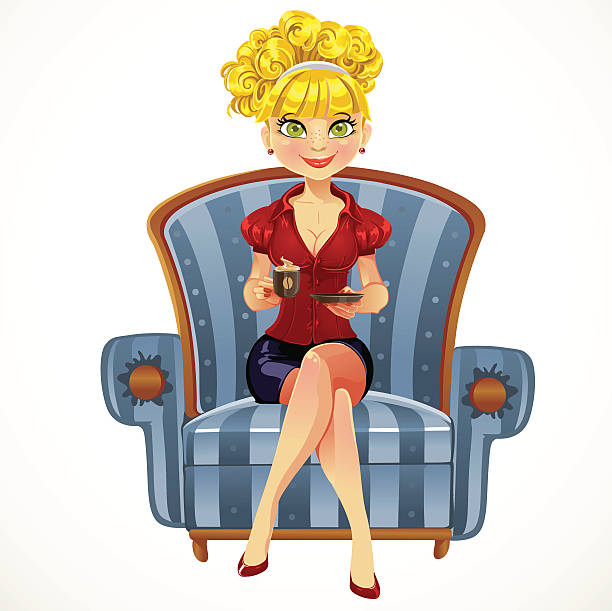 beautiful blond girl in blue armchair with cupof coffee - curley cup stock illustrations
