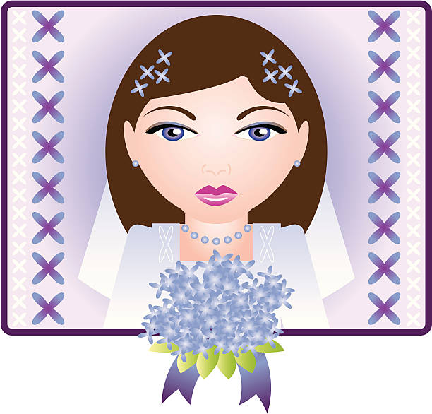 Beautiful Bride (Willa) Beautiful bride with long brown hair, veil, pearls and flowers on cornflower blue. Background and flowers are on separate layers. Background layer can be turned off for use as an isolated image. Zip file contains Illustrator CS2 ai file and Illustrator 8.0 eps file. kathrynsk stock illustrations