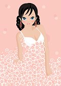 girl in a flower dress on pink background