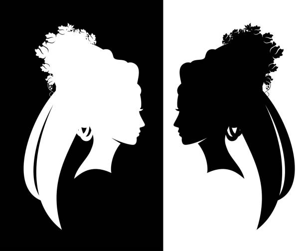 beautiful bride wearing veil and floral hairstyle profile head black and white vector silhouette elegant bride profile portrait with hairstyle decorated with rose flowers and long veil - beautiful woman head black and white vector silhouette set wedding silhouettes stock illustrations