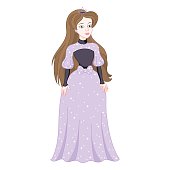 Beautiful brunette princess, gentle princess in modest womanly lilac dress with spangles, vector illustration