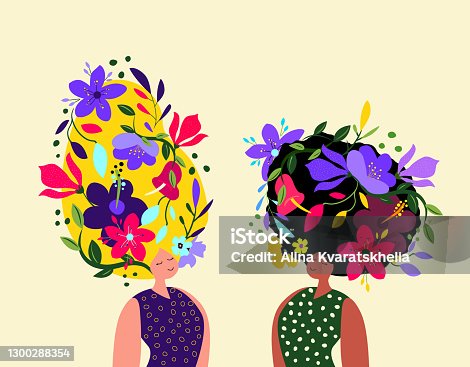 istock Beautiful Dreaming Women with Flowers in Hair.Relaxed Happy Girls in Meditation Calmness.International Women's Day. Vector Template with Cute Woman,Flowers for Card, Poster, Flyer. Vector Illustration 1300288354