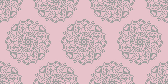 Beautiful elegant mandala seamless pattern. Floral decorative round ornament in grey pink pastel colors. Vector background for yoga, spa, mehndi studio, beauty salon. Arabic, Indian oriental print