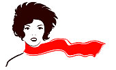 Beautiful fashionable illustration - sketchy portrait of a girl with a flying red scarf on a white background