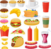 Beautiful  fast food icons set. Cheeseburger pizza tea coffee cola chips pancakes donuts french fries hot dog taco muffin mustard ketchup vector illustration.