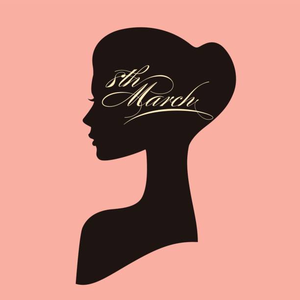 Beautiful female face silhouette of attractive girl in profile. 8 March women's day greeting card with portrait and calligraphic text Beautiful female face silhouette of attractive girl in profile. 8 March women's day greeting card with portrait and calligraphic text cameo brooch stock illustrations