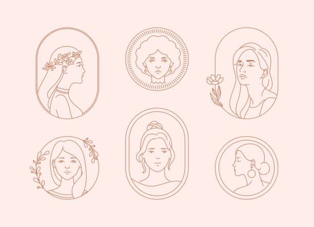 Beautiful Female Faces Thin Line Illustrations. Vector Floral Logo Concept, Trendy Linear Design Templates. Circle, Oval Emblems Clip Art Collection Isolated On Background. Beautiful women faces, portraits linear style vector illustrations set. Minimal trendy emblems and signs for logo design, hair salon, beauty shop, organic cosmetics, prints and cards. Editable strokes avatar borders stock illustrations