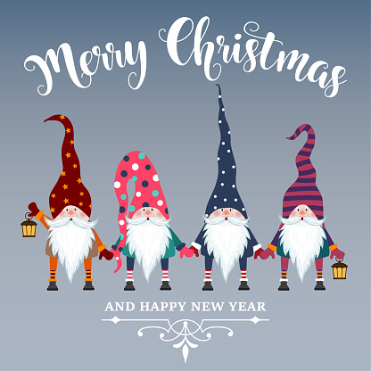 Beautiful Flat Design Christmas Card With Gnomes Christmas Poster Print ...