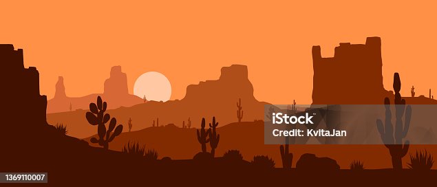 istock Beautiful flat vector western desert landscape with rock formations and cactuses in orange colors. 1369110007