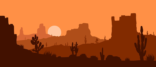 Beautiful flat vector western desert landscape with rock formations and cactuses in orange colors.