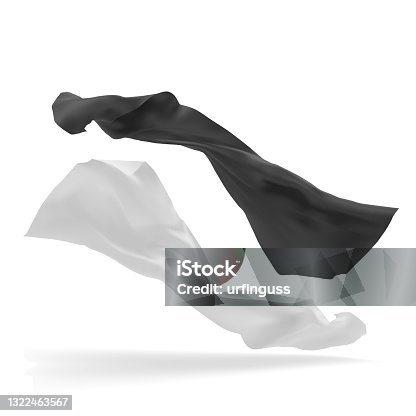 istock Beautiful flowing fabric flying in the wind. White and black wavy silk or satin. 1322463567