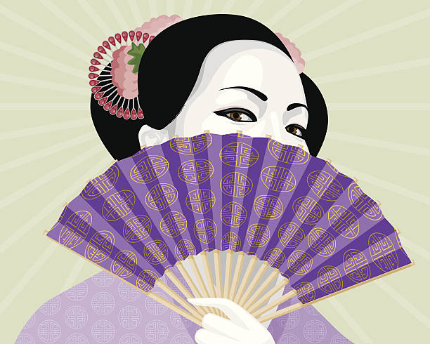 Beautiful Geisha Hiding Behind Elaborate Fan Beautiful woman in Geisha makeup hides bashfully behind an ornate purple fan. No gradients were used when creating this illustration. shy japanese woman stock illustrations