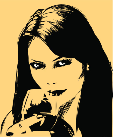 Beautiful girl drinking red wine-drawing