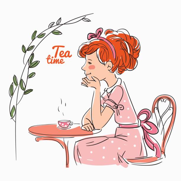 güzel kız masada çay içme - curley cup stock illustrations