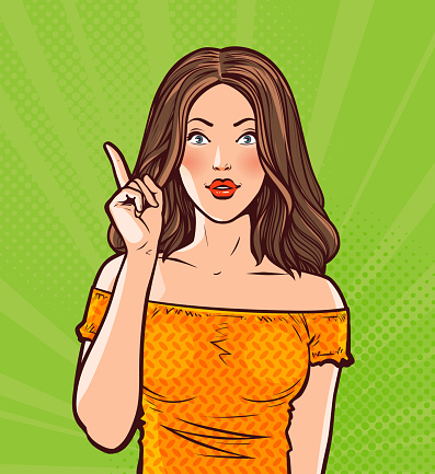 Beautiful girl or young woman with index finger. Pin-up concept. Pop art retro comic style. Cartoon vector illustration