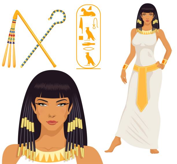 stockillustraties, clipart, cartoons en iconen met mooi meisje gestileerd in cleopatra, haar naam geschreven in egyptische hiërogliefen en farao symbolen - cleopatra