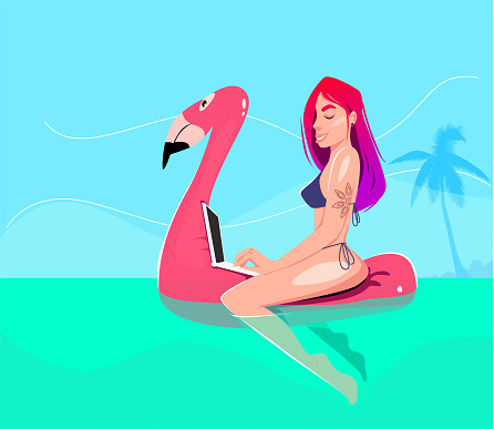 beautiful girl with pink hair in bikini works on a laptop, possibly participates in a video conference while sitting on an inflatable flamingo. Freelance, summer, vacation, tropical paradise. Vector