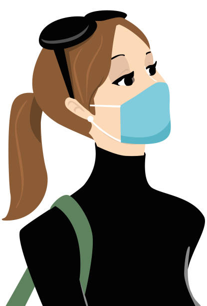 Beautiful girl with turtleneck sweater and covid 19 mask Fashion model, with an elegant turtleneck sweater, a bag on the man and glasses on her head. Beautiful woman with surgical mask walking and enjoying. spain retro jersey stock illustrations
