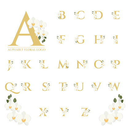 beautiful gold serif Phalaenopsis orchid floral alphabet for logo collection