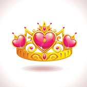Beautiful golden princess crown with pink ruby hearts. Vector cartoon diadem icon.