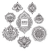 Beautiful Indian floral ornaments. Set of Ornamental Boho Style flowers and elements. Vector illustration.