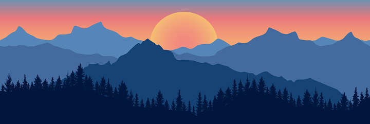 Beautiful landscape. Silhouette of dark blue forest on background of mountains and sunset. Panoramic view. Vector illustration.