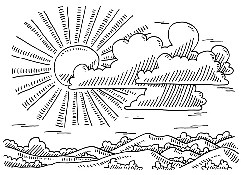 Beautiful Landscape Sun And Clouds Drawing