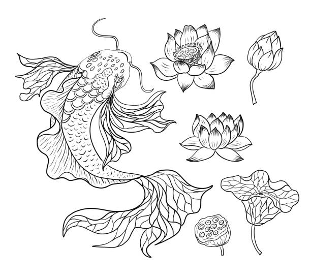 schöne linie kunst von gold fisch vektor illustration. - lotusblume tattoo stock-grafiken, -clipart, -cartoons und -symbole