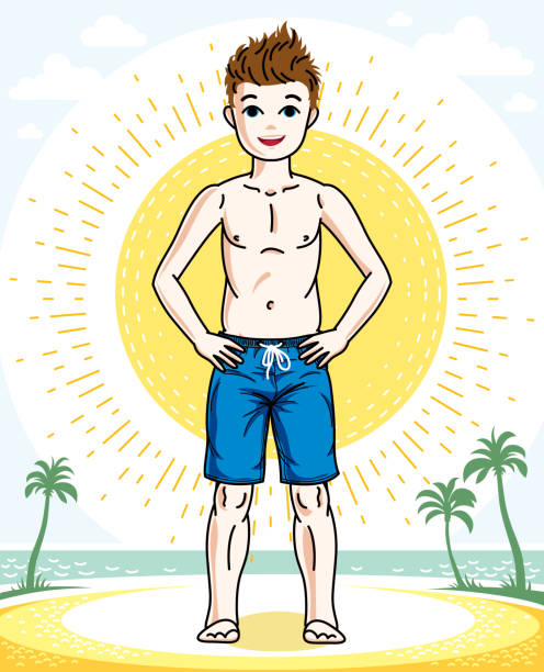 ファッショナブルなビーチショートパンツを着て立っている美しい小さな男の子かわいい子供。ベクトル文字。子供の頃のライフスタイルクリップアート。 - スクール水着点のイラスト素材／クリップアート素材／マンガ素材／アイコン素材