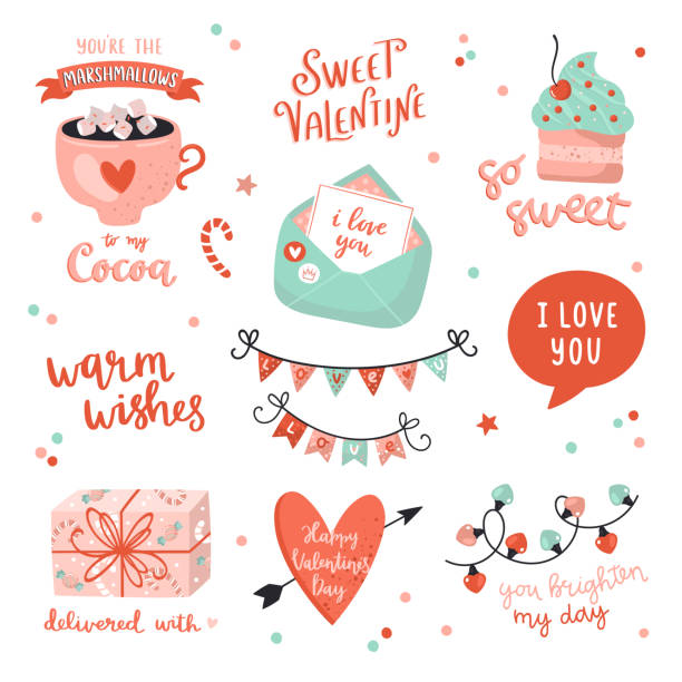 Beautiful love stickers with Valentines day elements and romantic lettering. Beautiful love stickers with Valentines day elements and romantic lettering. Vector hand drawn illustrations. Perfect for scrapbook, logo, planners, t-shirt design. date night stock illustrations
