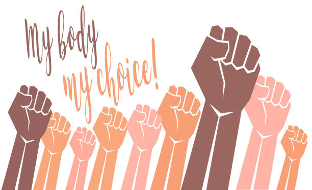 아름다운 현대 서예 갈색 베이지 색 비문 내 몸은 인종의 크기와 색상이 다른 손으로 아홉 주먹으로 왼쪽 상단에 내 선택 (진한 갈색, 베이지색, 밝은 베이지). 표지, 전단지 또는 배너에 대한 템� - abortion protest stock illustrations