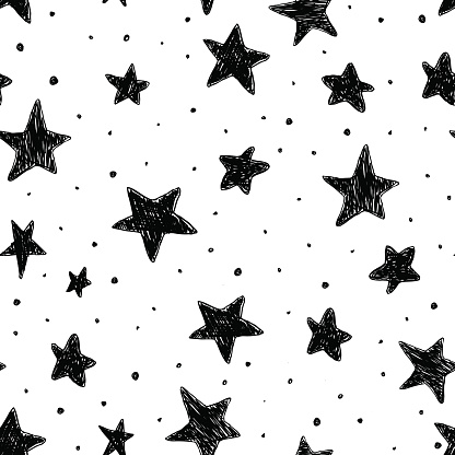 Beautiful monohrome black and white seamless sky pattern with textured stars, hand drawn