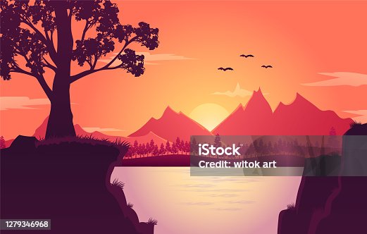 istock Beautiful mountain chain landscape background at sundown with river and tree premium vector 1279346968