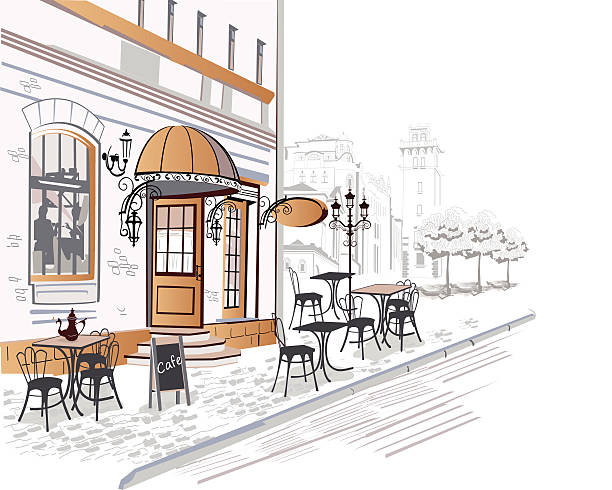 illustrations, cliparts, dessins animés et icônes de superbe vue sur la ville ancienne avec cafés - rue paris