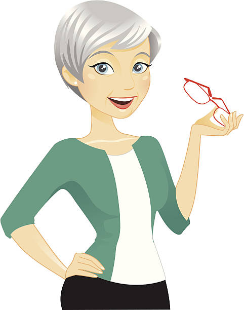 Beautiful Older Woman A beautiful older woman holding her glasses. Remove the glasses and place other objects in her hands or leave it empty for a gesturing hand.  cartoon of a wrinkled old lady stock illustrations