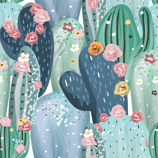 Beautiful pastel vintage cactuses, succulents, cacti pattern Beautiful pastel vintage cactuses, succulents, cacti with pink, white and yellow flowers seamless pattern cactus backgrounds stock illustrations